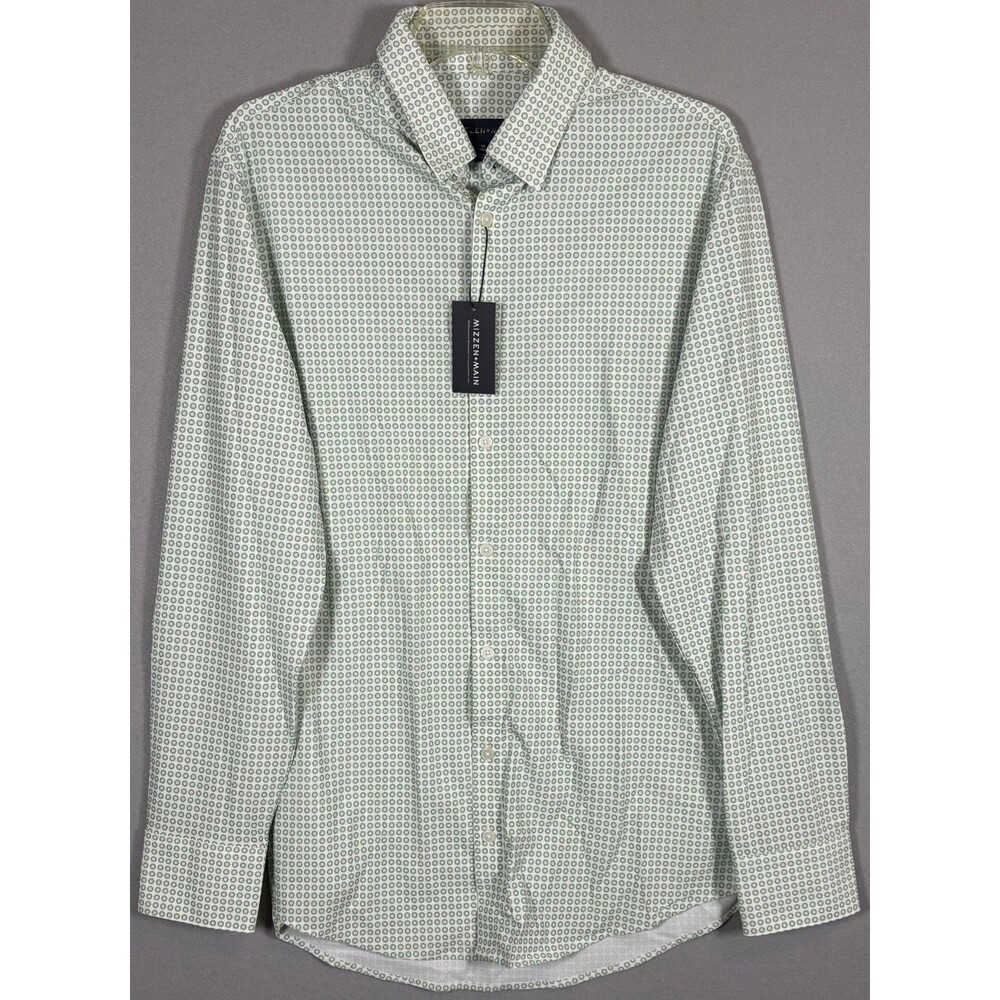 NWT Mizzen Main Shirt Mens M White Green Geometric Trim Fit Performance Dress